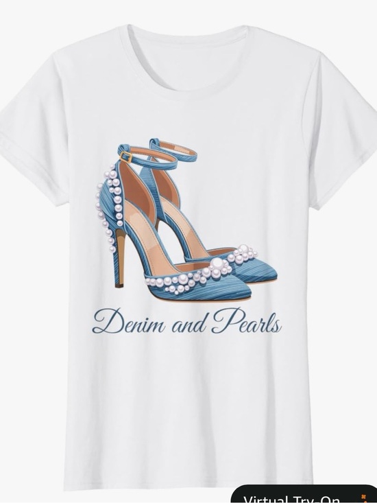 Port and Company Tops - Denim and Pearls Glam High Heels Fashion Statement T-Shirt